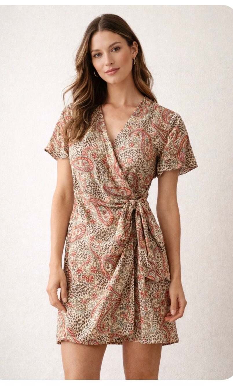Adrianna Papell 100% Silk Paisley and Leopard Print Short Sleeve Wrap Mini Dress